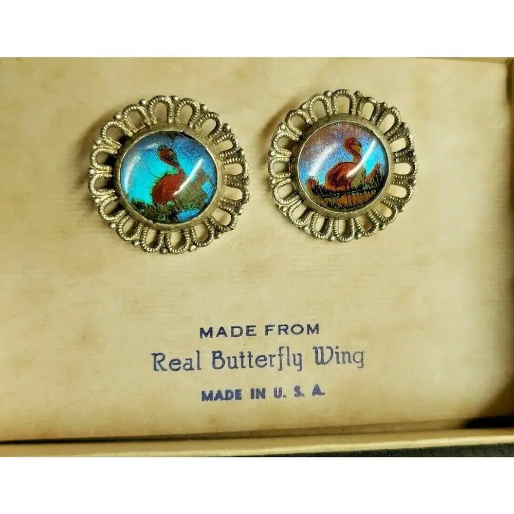Vintage Earrings Made From Real Butterfly Wings‎ Flamingos New In Box ScrewBack